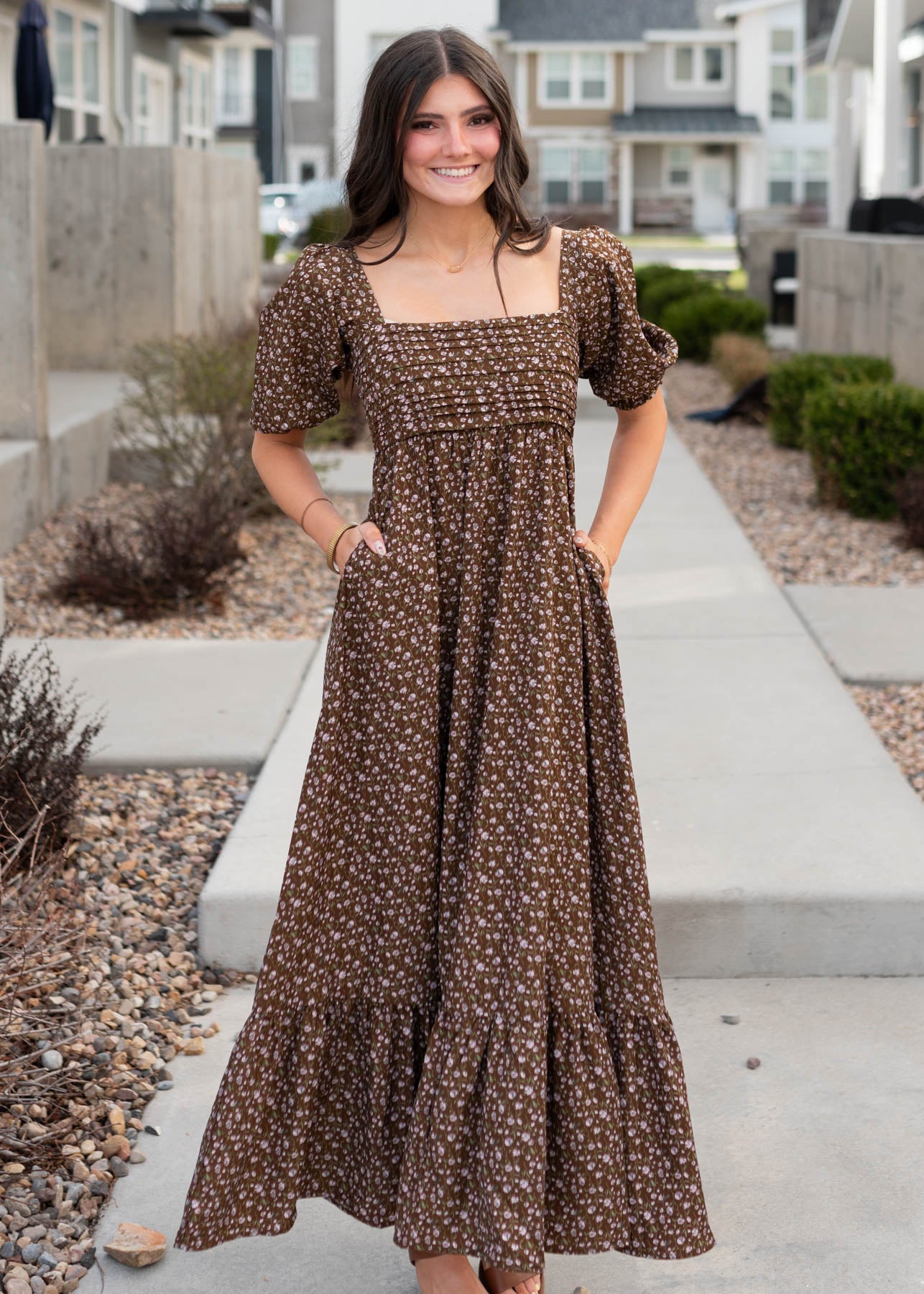 Brown floral ruffle dress with pleated bodice