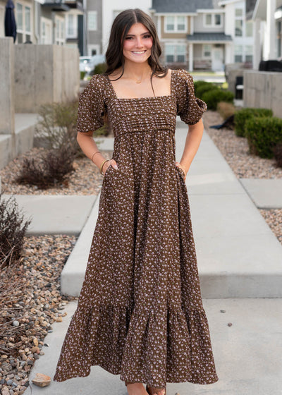 Brown floral ruffle dress with pleated bodice