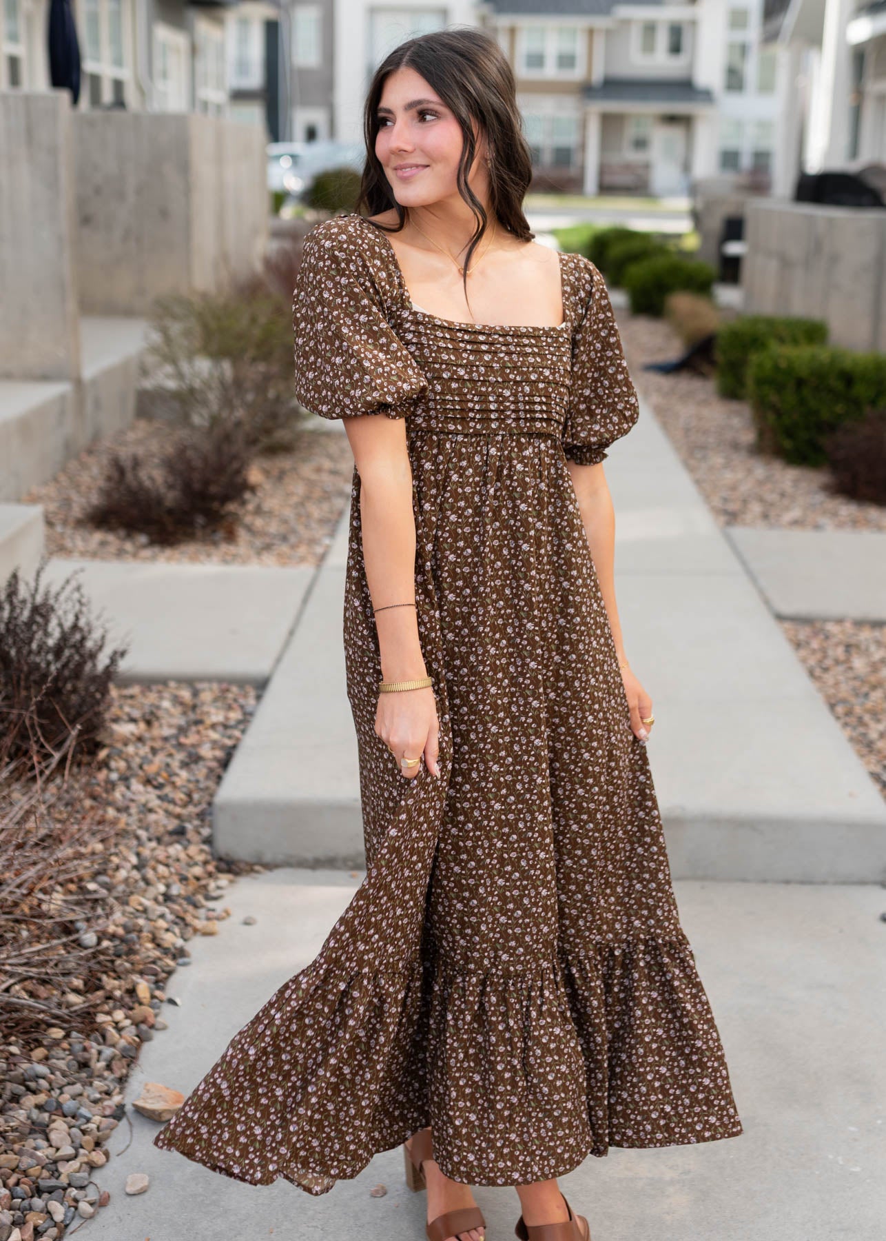 Brown foral ruffle dress with square neck