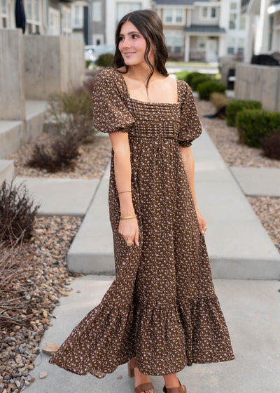 Brown foral ruffle dress with square neck