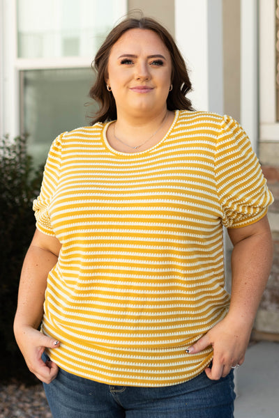 Short sleeve striped plus size mustard top 