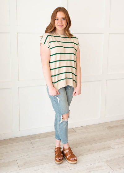 Green stripe sweater vest with crew neck