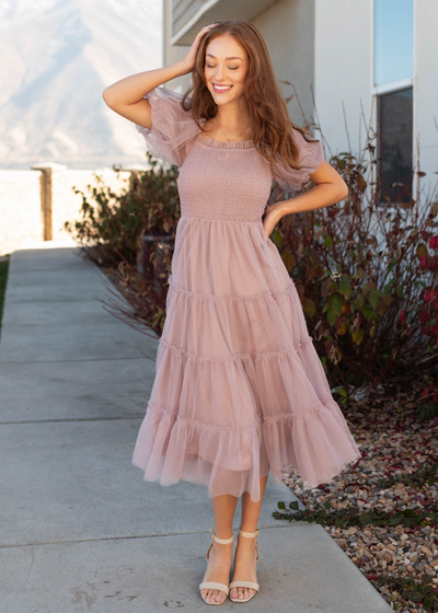 Short sleeve puff sleeve mesh dress