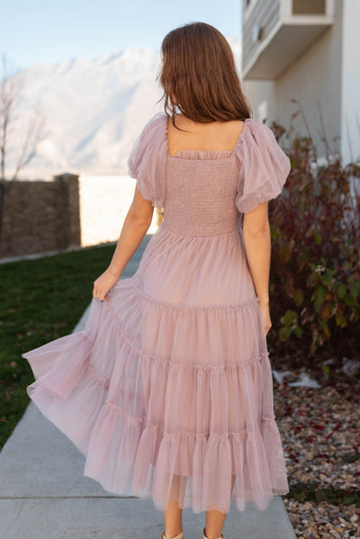 Back view of the light lavender puff sleeve mesh dress