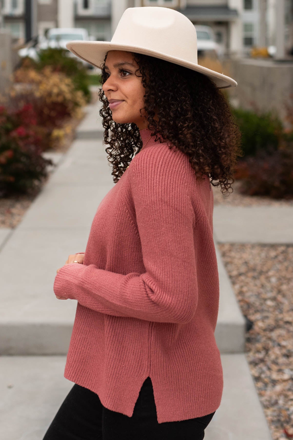 Side view of the marsala sweater