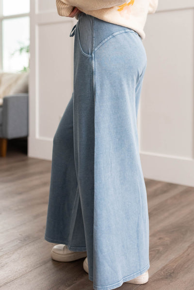 Side view of the denim wide leg pants