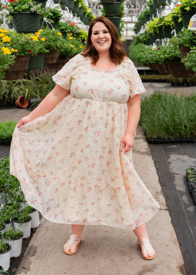 Square neck cream rose dress in plus size
