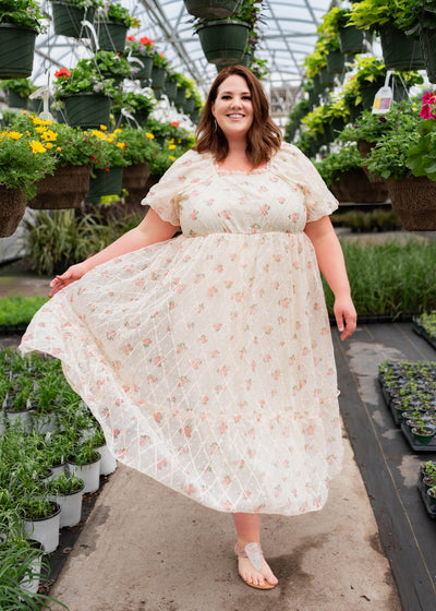 Short sleeve plus size cream rose dress