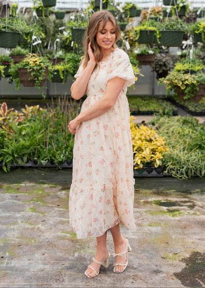 Cream rose dress with an elastic waist