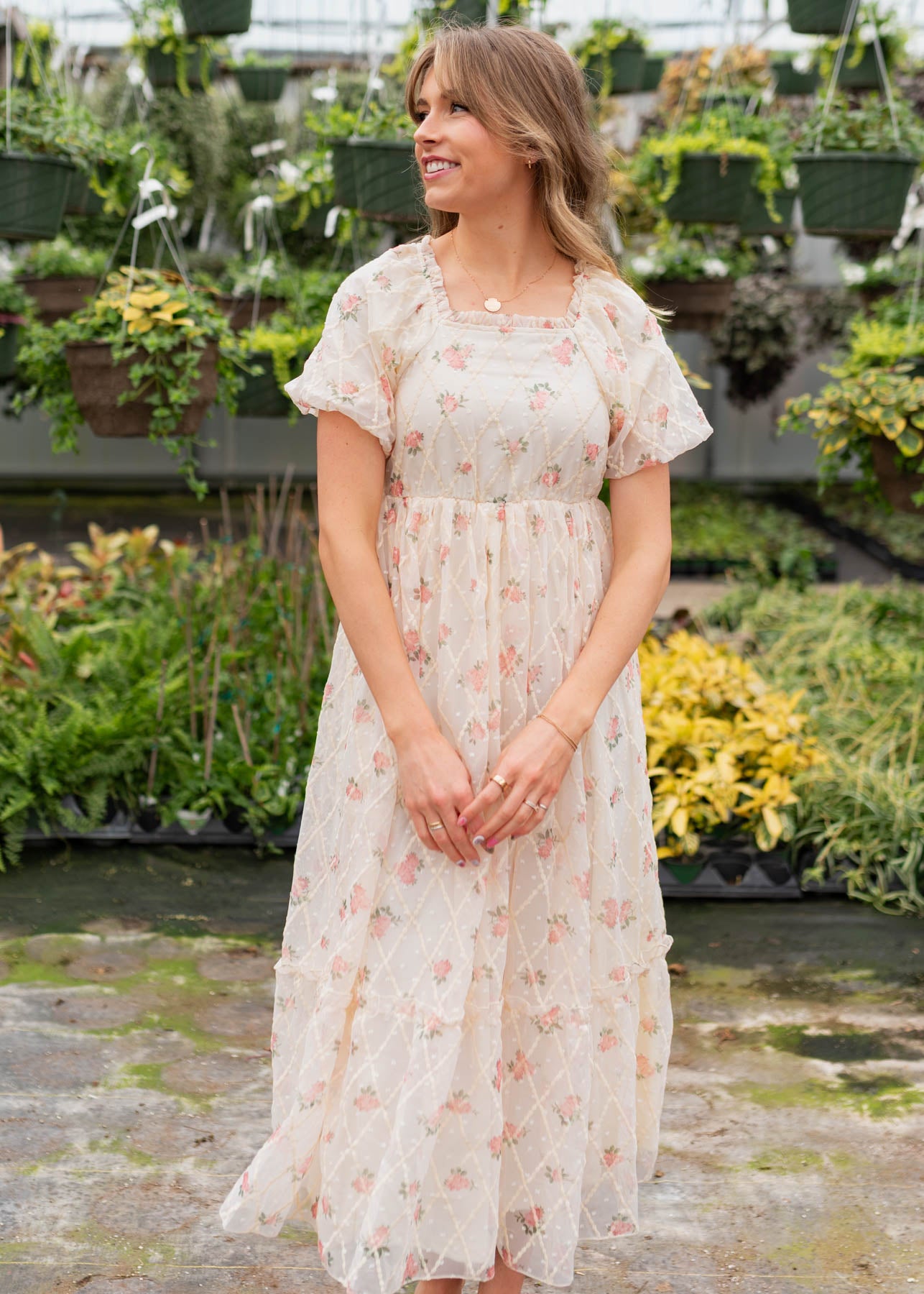 Short sleeve cream rose dress