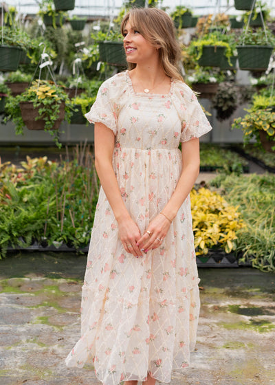 Short sleeve cream rose dress