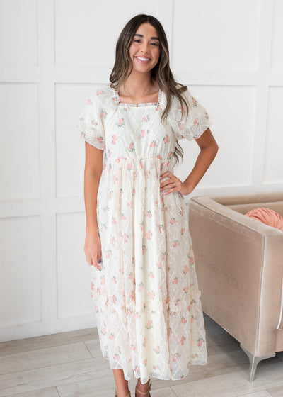 Short sleeve cream rose dress
