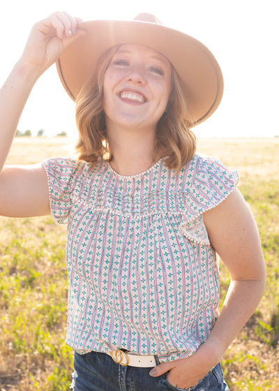 Multi top with short ruffle sleeves
