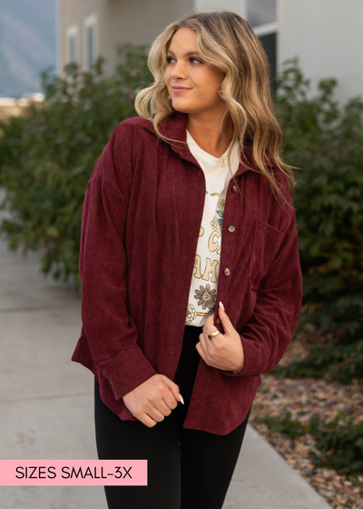 Button up long sleeve wine shacket