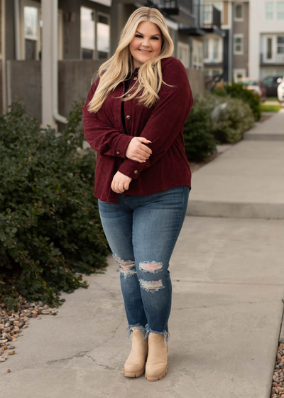 Button up long sleeve plus size wine shacket
