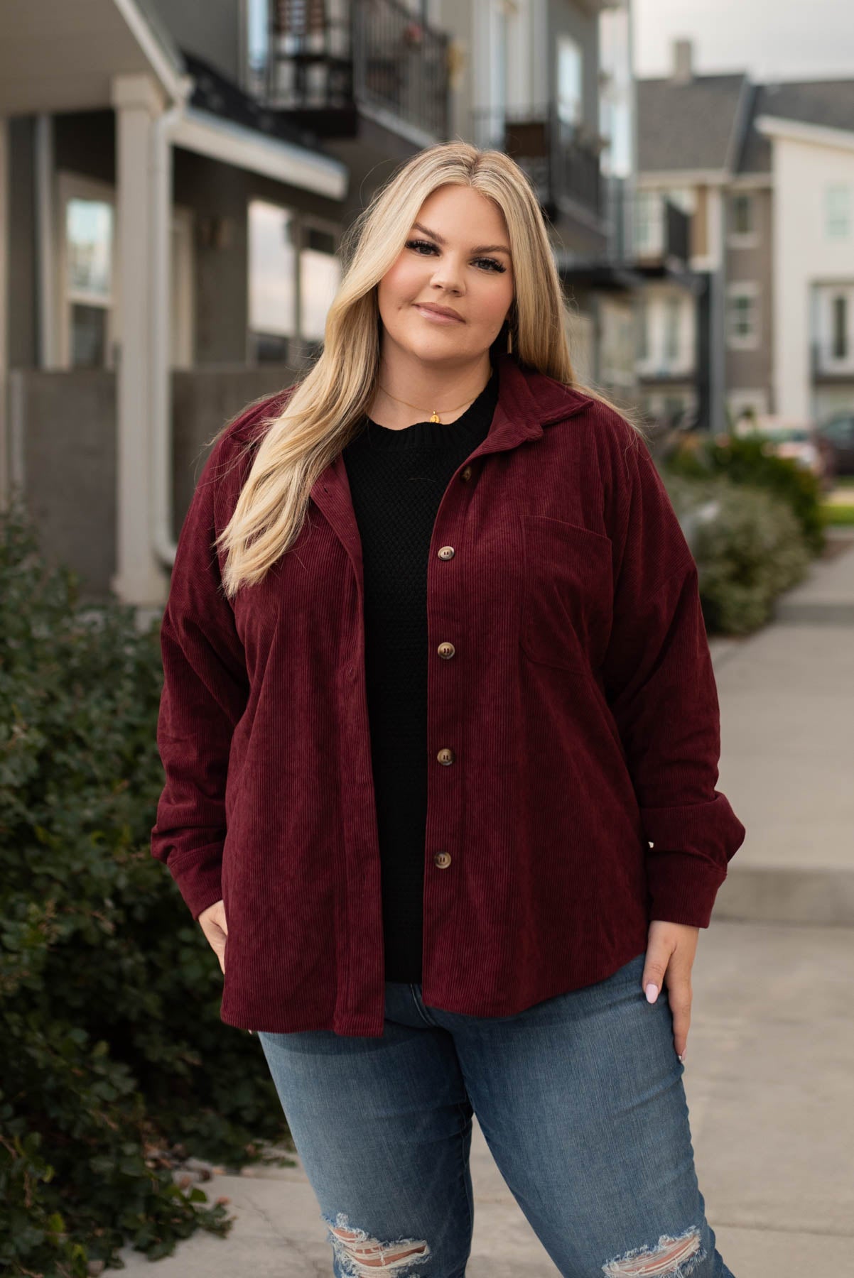 Plus size wine shacket with buttons and a collar