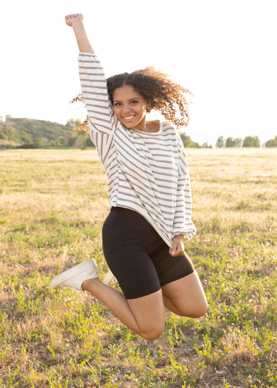 Long sleeve heather gray top with stripes and elastic on the cuffs