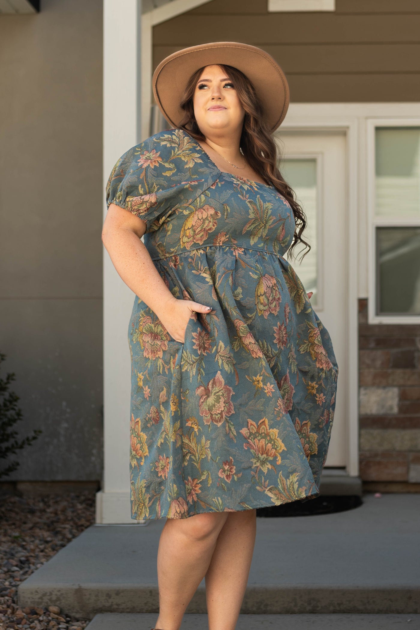 Plus size teal floral dress with pockets