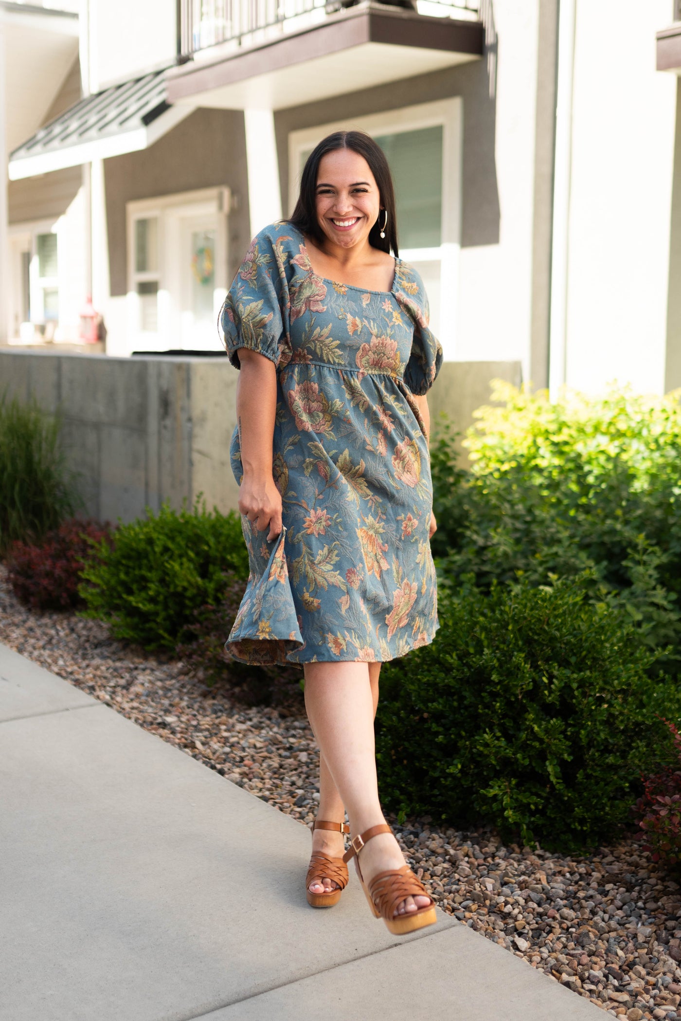 Large teal floral dress with short sleeves and square neck