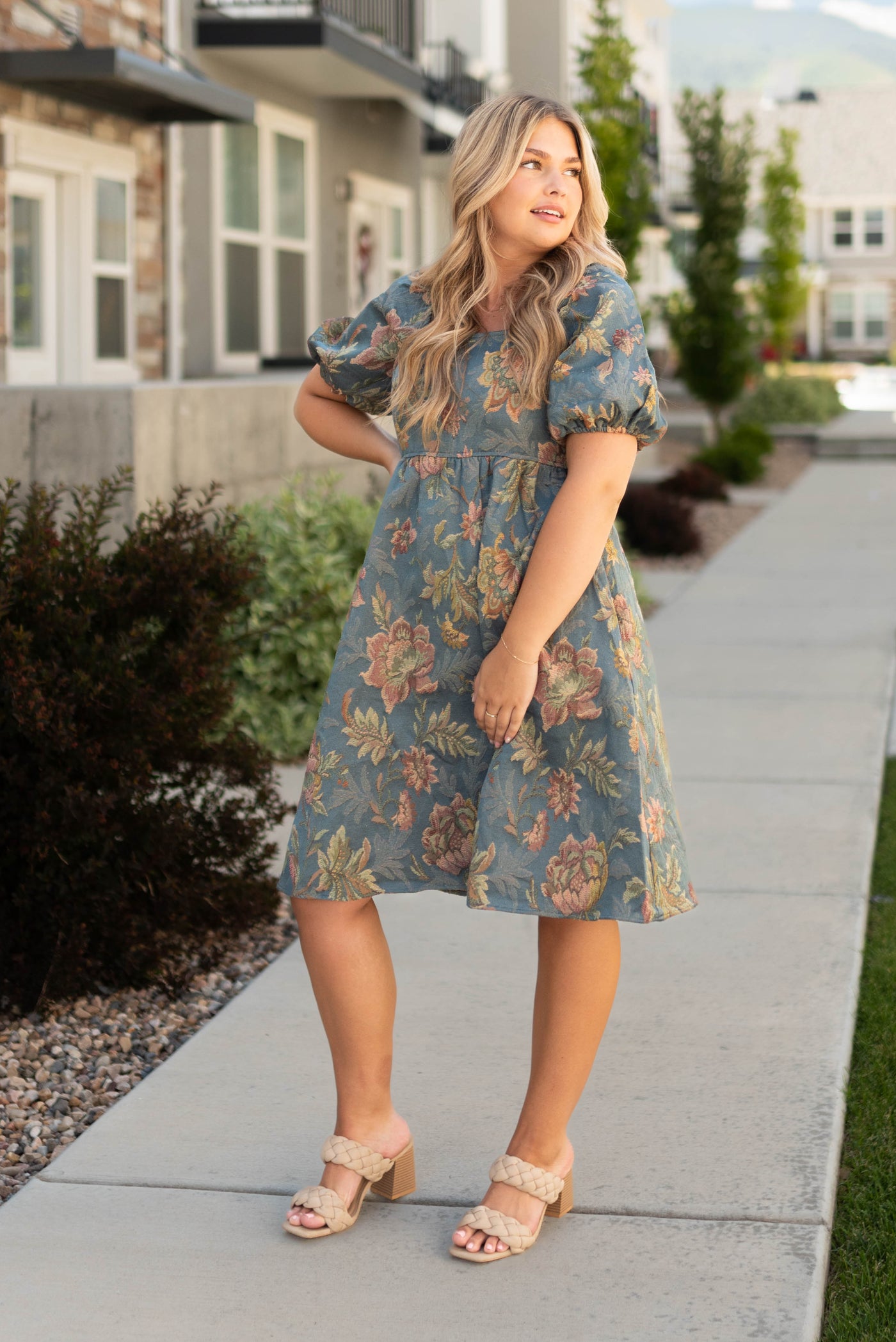 Teal floral dress with short sleeves