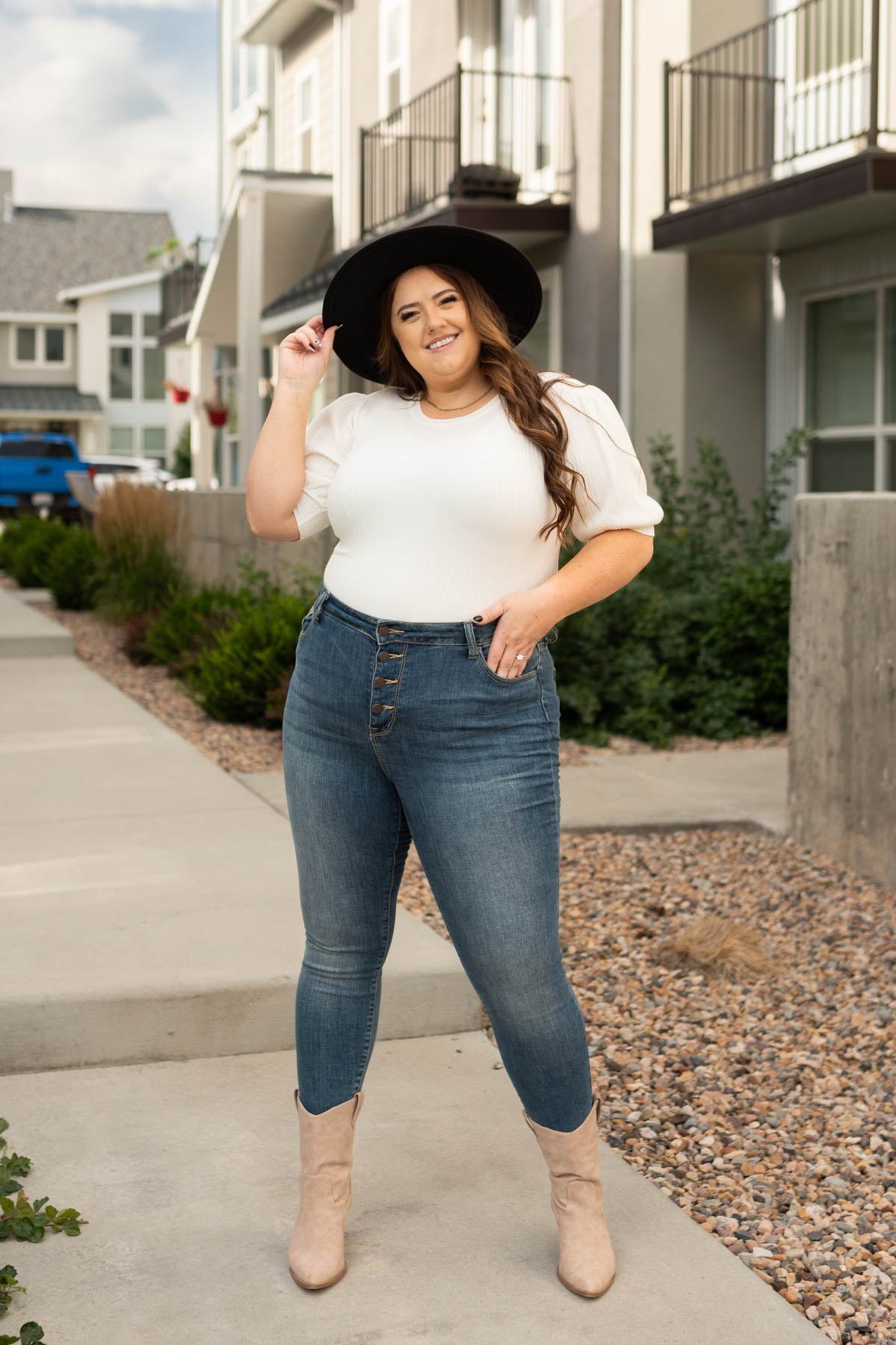 Plus size white bodysuit with puff short sleeves