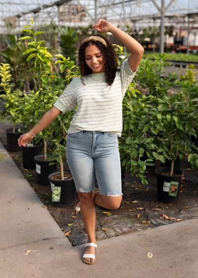 Short sleeve sage stripe top