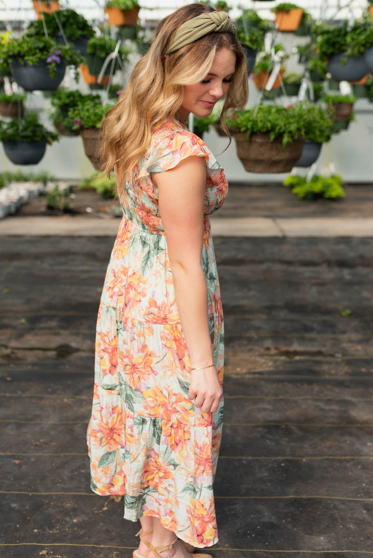Side view of the mint floral dress