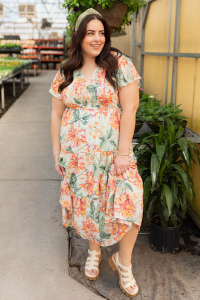 Plus size mint floral dress with short sleeves
