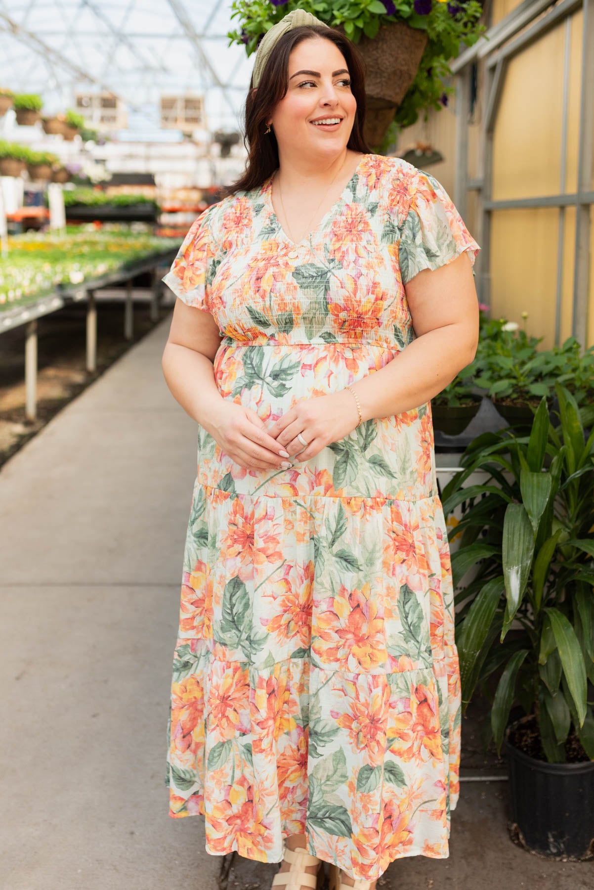 Short sleeve mint floral dress with a smocked bodice in plus size