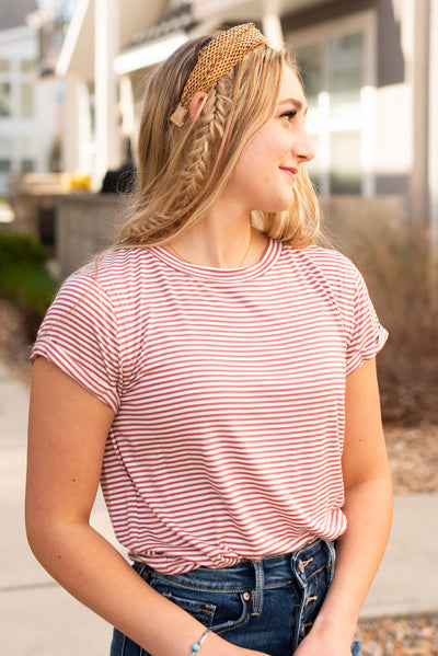 Front view of the mauve stripe top