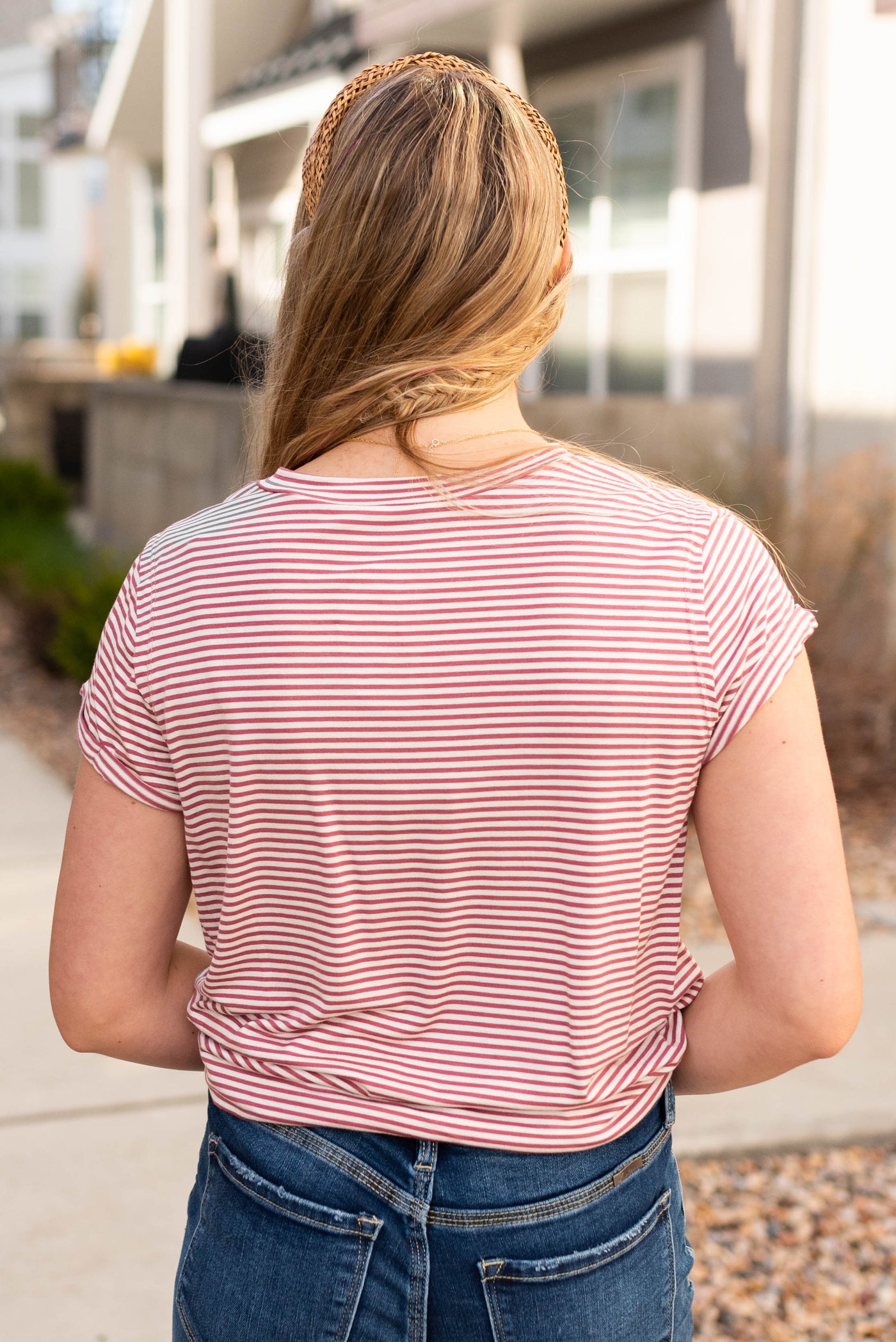 Back view of the mauve stripe top