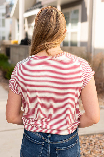 Back view of the mauve stripe top