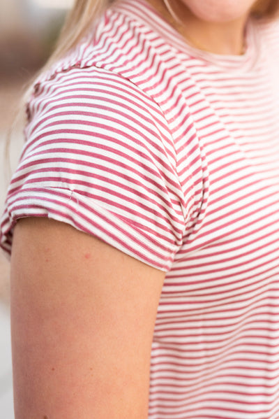 Close up of the sleeve on the mauve stripe top