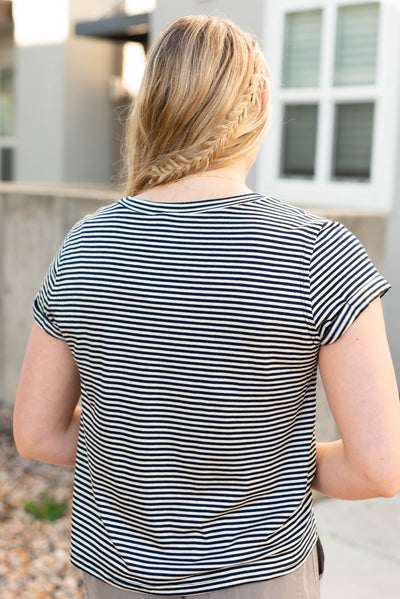 Back view of the navy stripe top