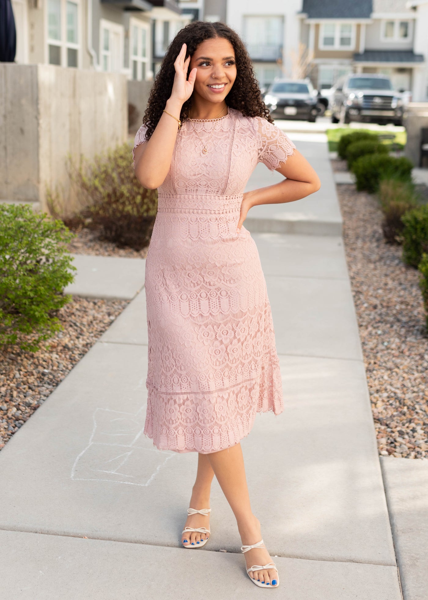 Dusty pink lace dress with lace trim waist