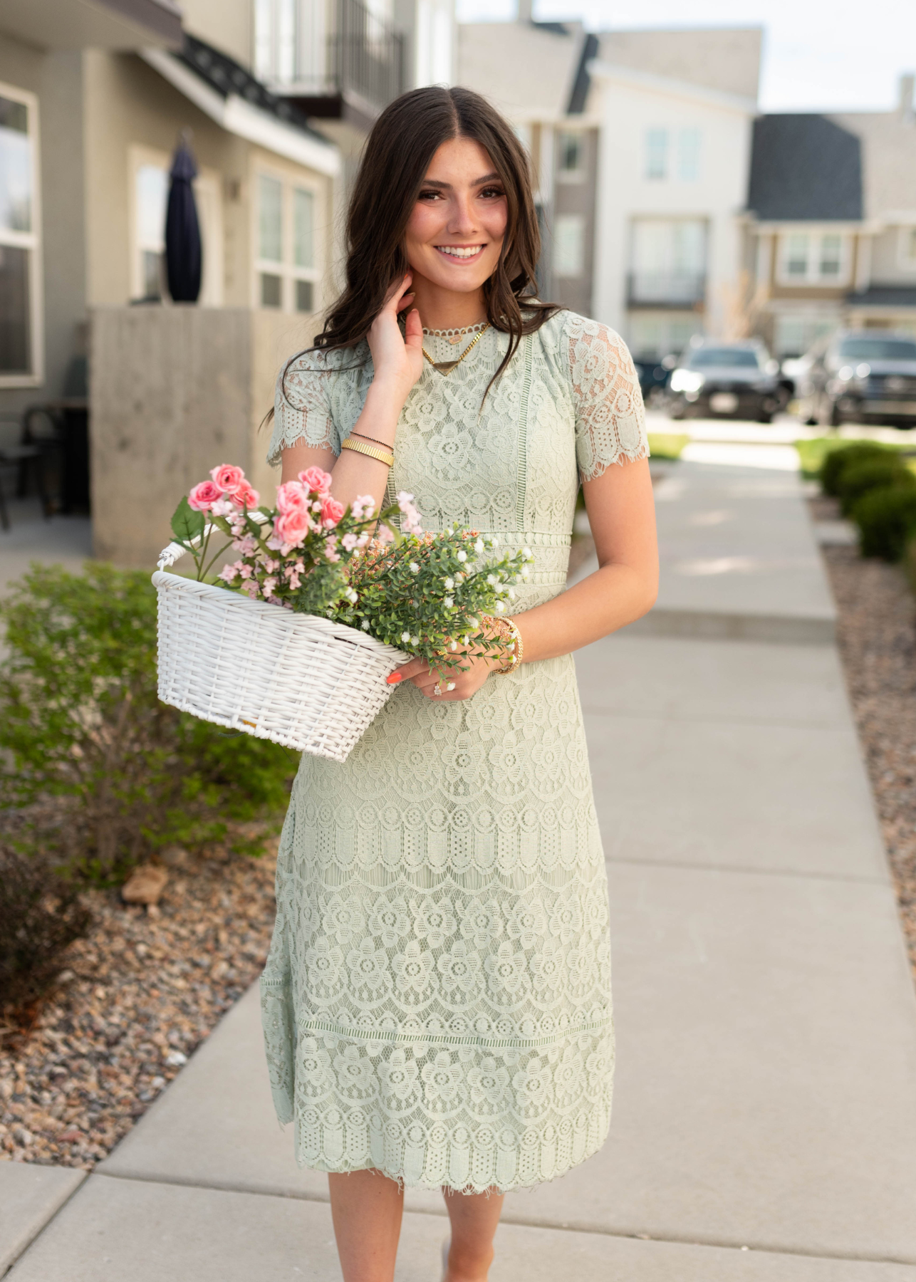 Lght sage lace dress with short sleeves