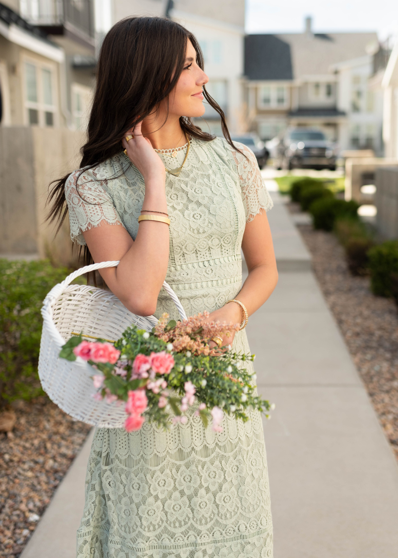 Short sleeve light sage lace dress