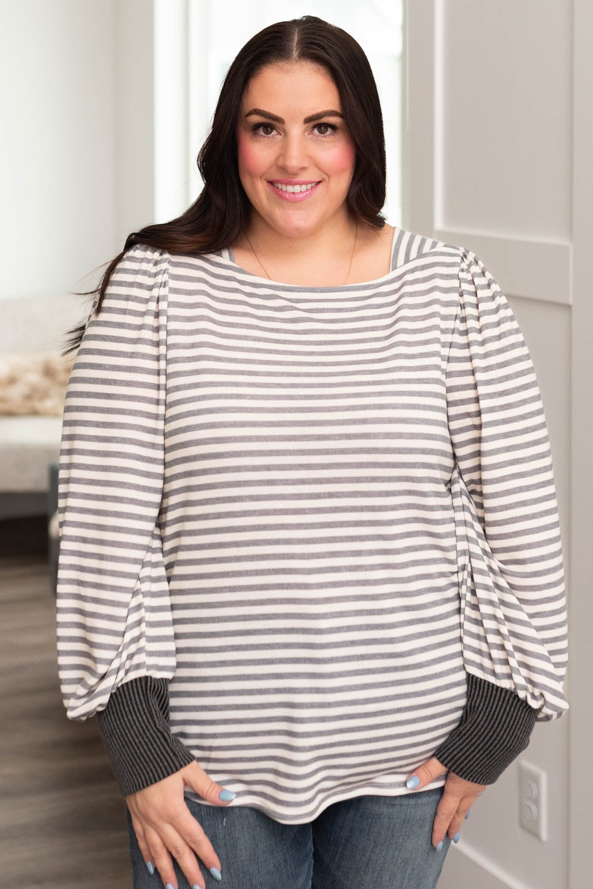 Plus size grey striped long sleeve top