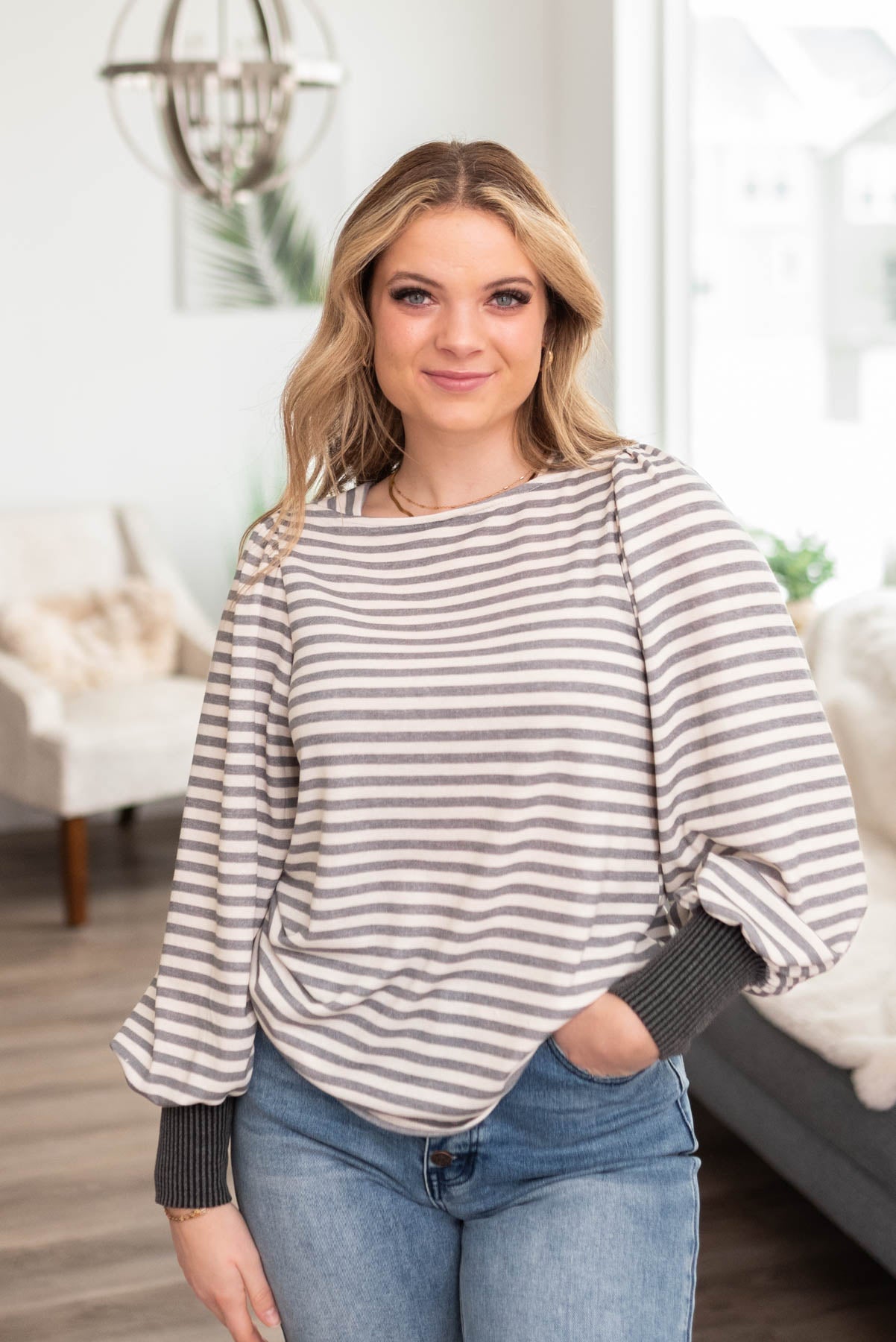 Grey striped long sleeve top with white