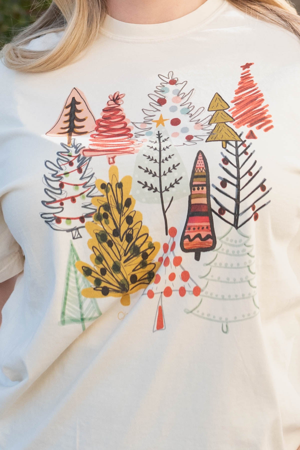 Close up of the trees on a plus size Christmas tree shirt