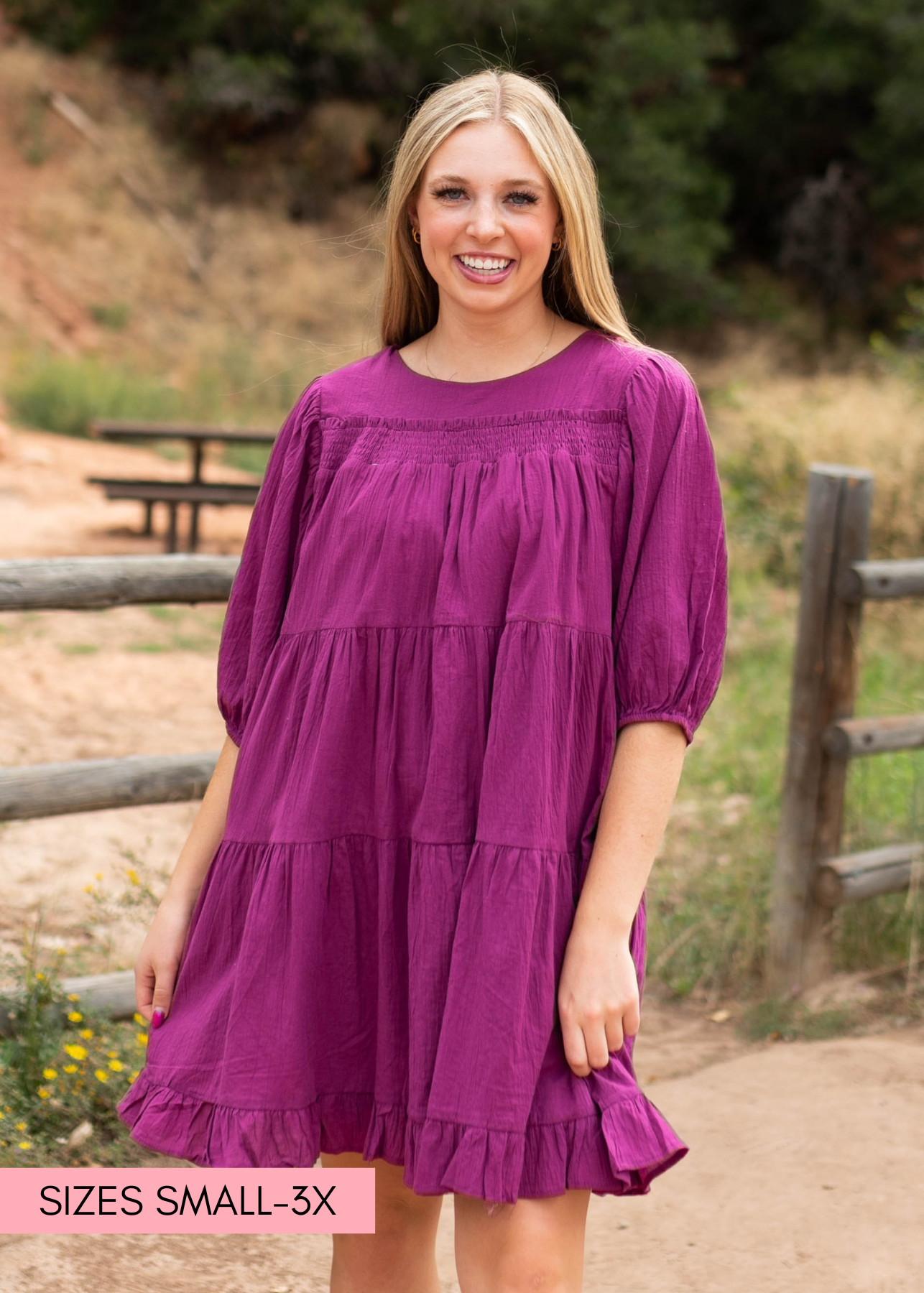 Short sleeve berry dress with a tiered gathered style
