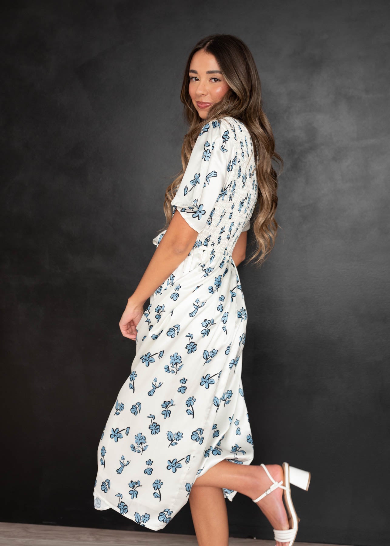 Side view of the blue floral dress