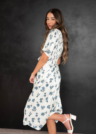 Side view of the blue floral dress