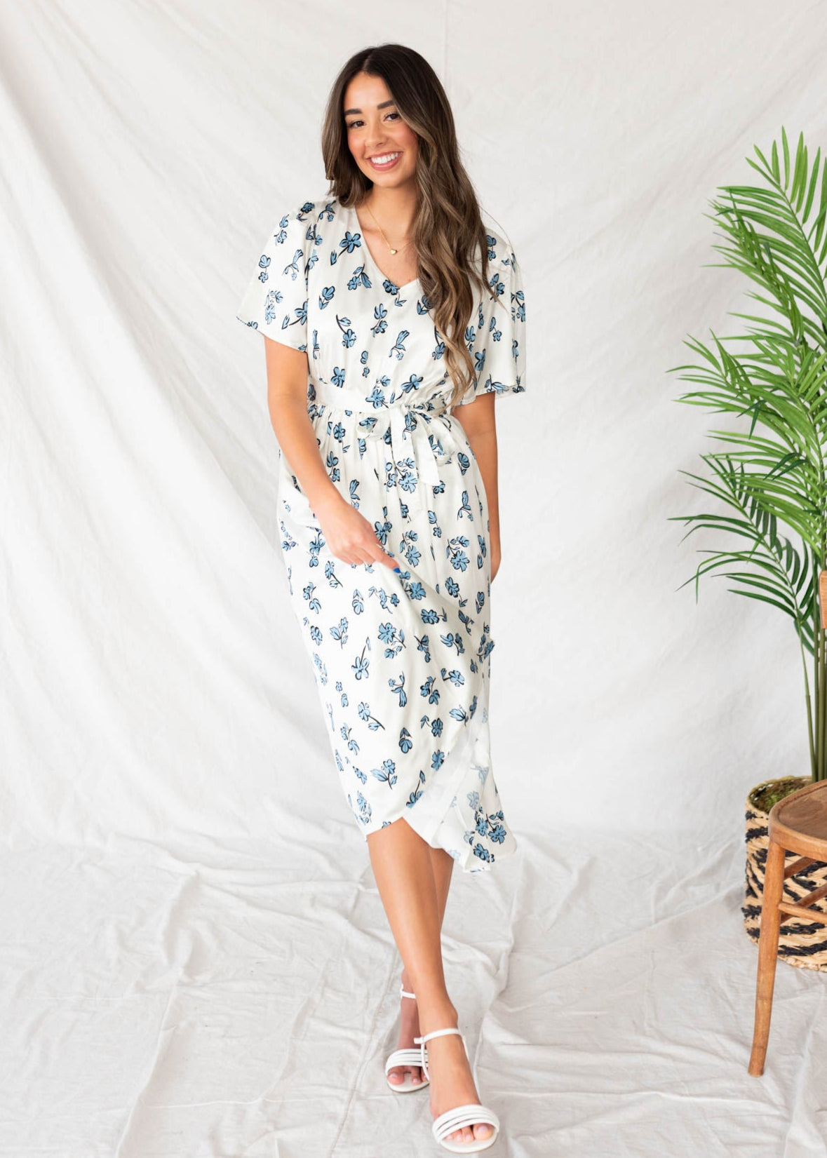 Front view of the blue floral dress
