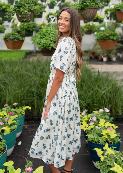 Side view of the blue floral dress
