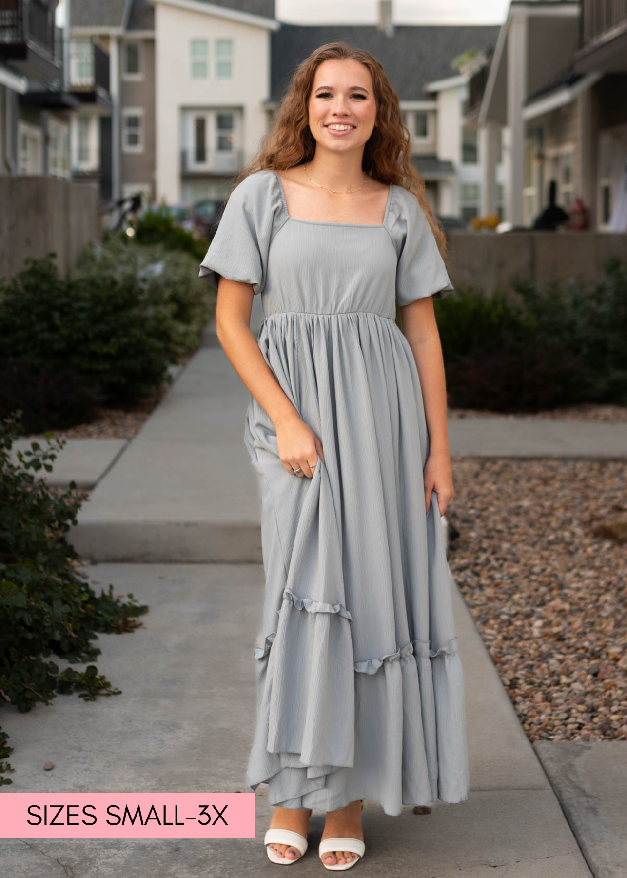 Slate grey dress with a square neck