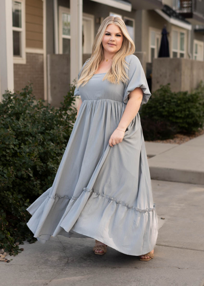 Plus size slate grey dress with a smocked bodice