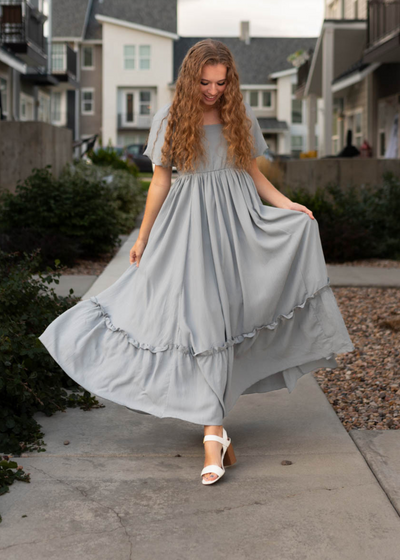 Long short sleeve slate grey dress