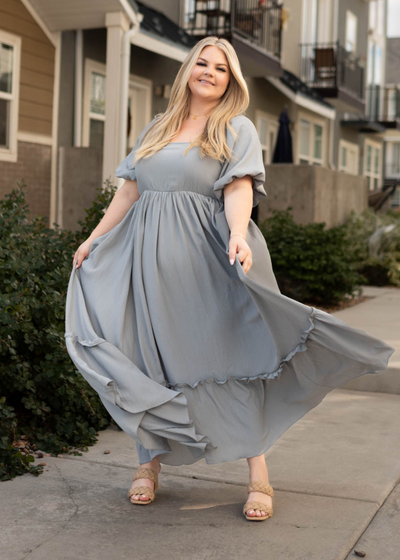 Plus size slate grey dress with short sleeves