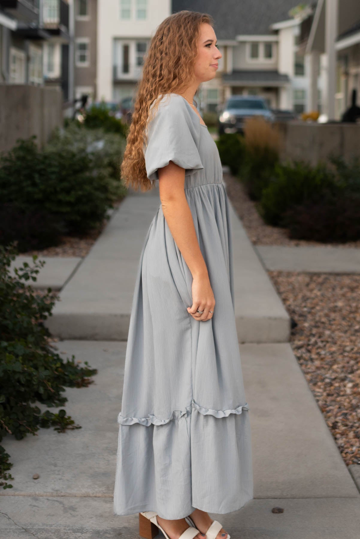 Side view of a slate grey dress